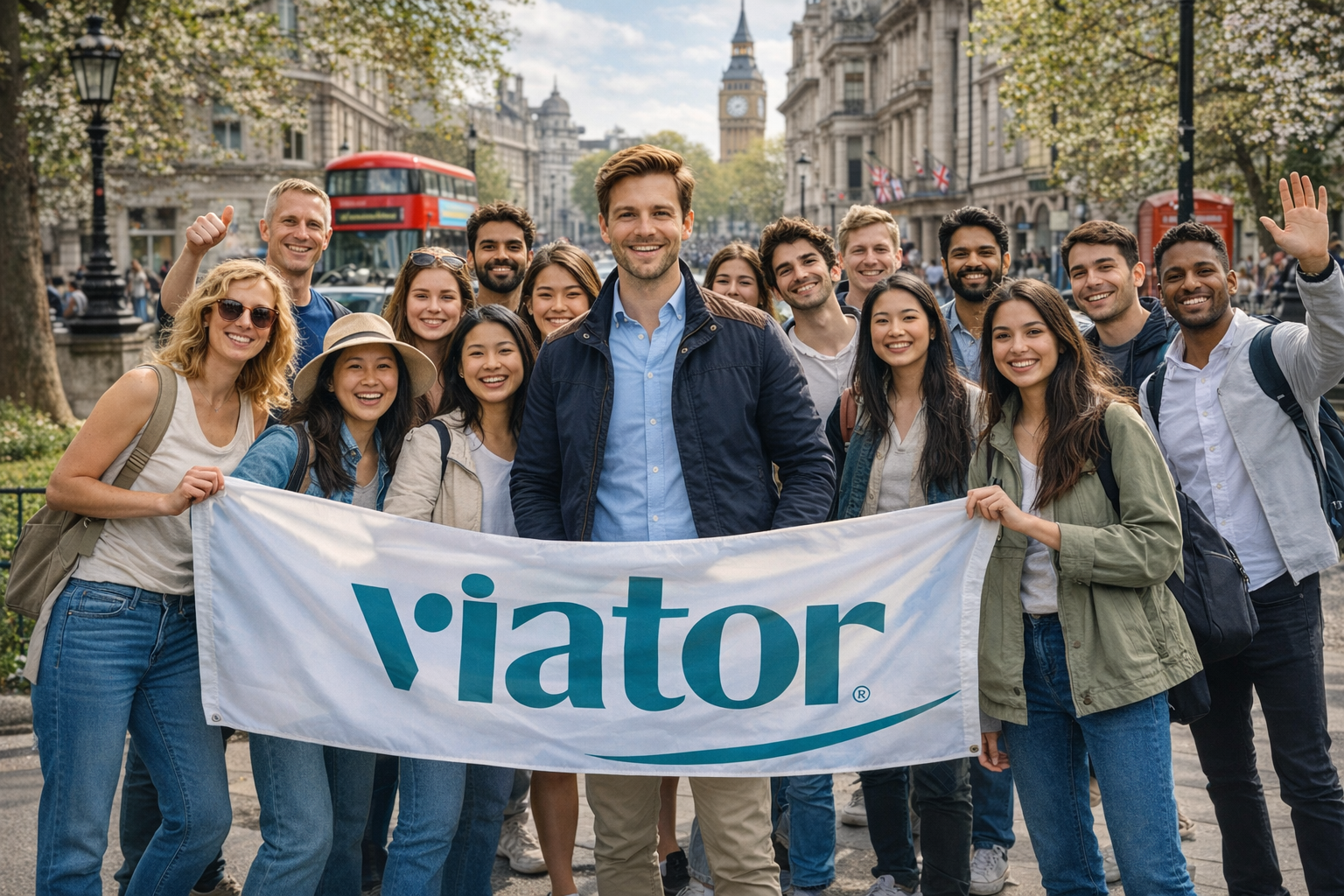 Thomas Harrington with an international tour group in central London